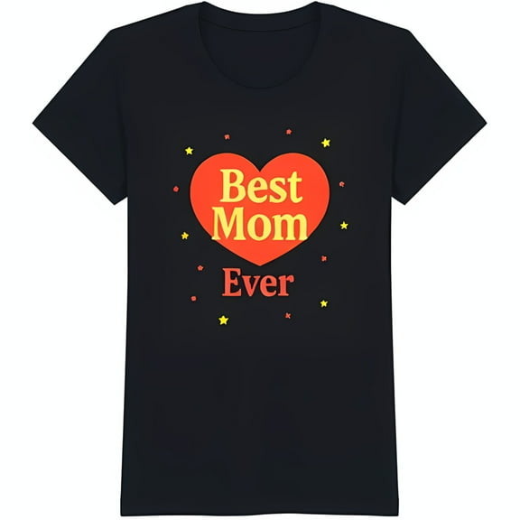 Best Mom Black T-Shirt with Red Heart Graphic & Star Accents