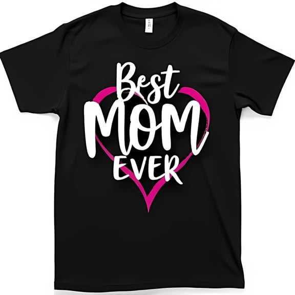 Best Mom Black T-Shirt with White Text Inside Pink Heart Design