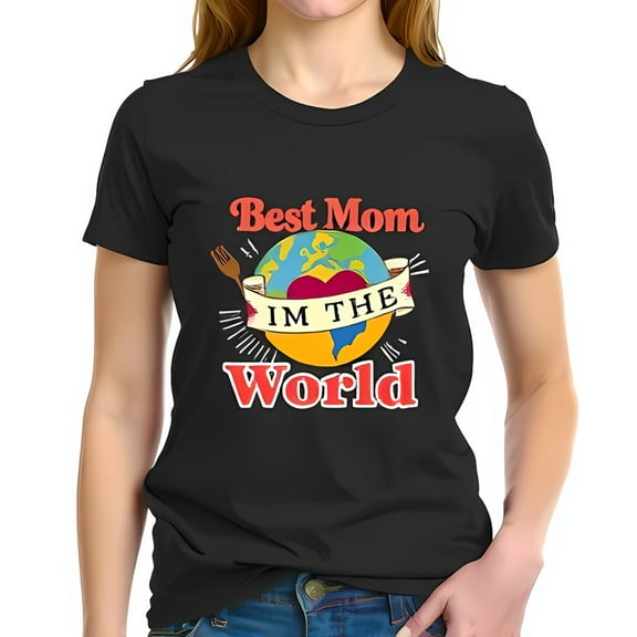 Best Mom Cotton Short Sleeve T-Shirt with Colorful Earth Graphic & Heart Design - Perfect Gift for Mother's Day