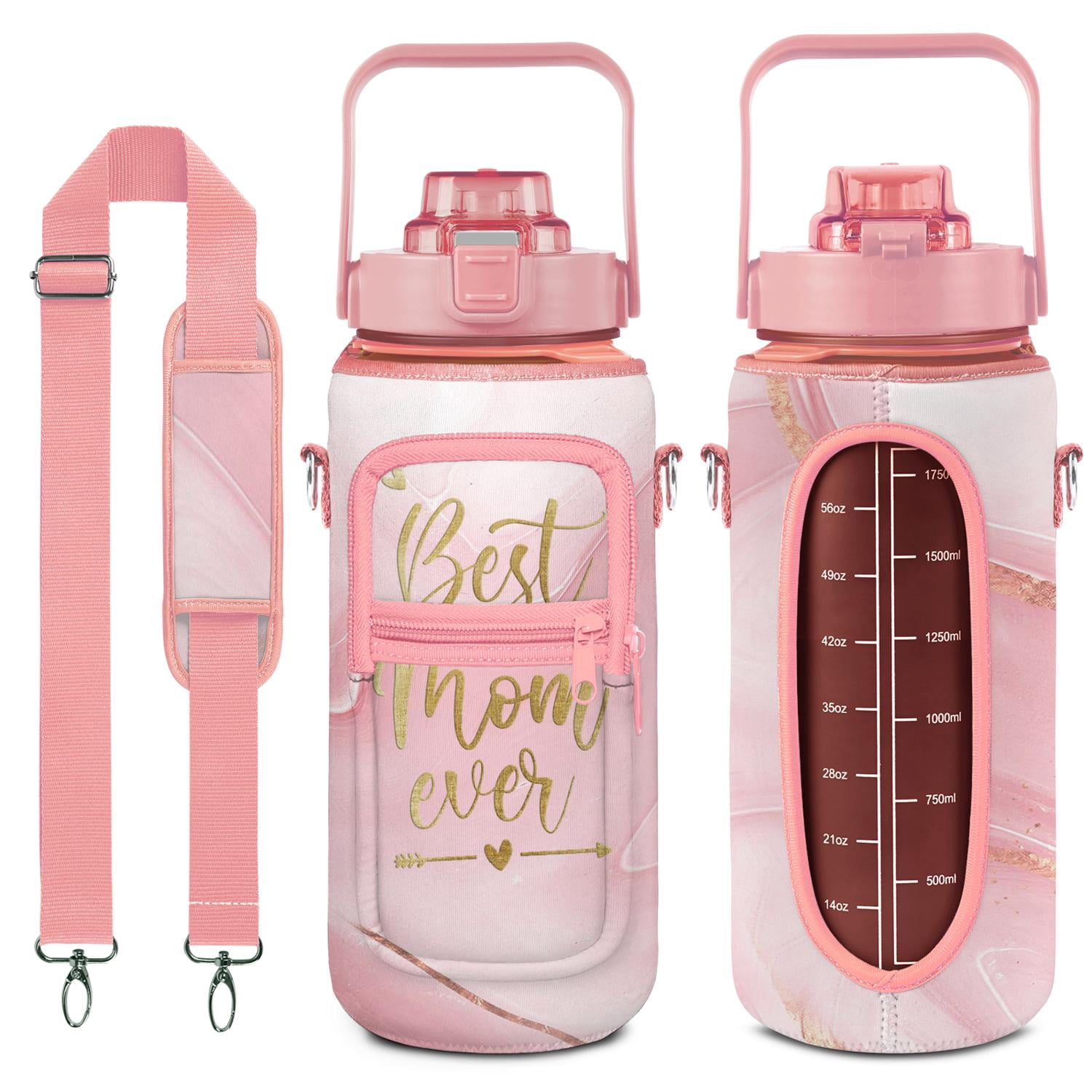 Best Mom Ever 64 Oz Water Bottle with Sleeve - BPA Free Leakproof Sport Large Plastic Water Bottle with Straw & Time Marker & Insulated Neoprene Holder Carrier Bag Great Gift for Women Men