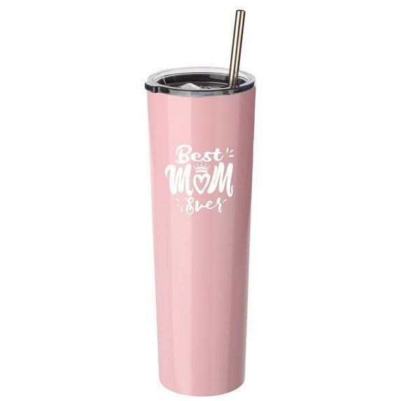 Best Mom Ever Gift - Ezprogear 34 oz Stainless Steel Insulated Ice Coffee Skinny Tumbler Mothers Day Gift with Lid & Straw (Pink)