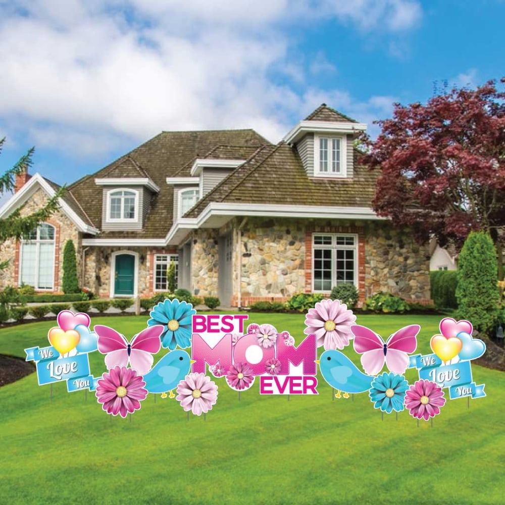 Best Mom Ever Mother's Day Yard Decoration 13 Pc Set with Stakes - Outdoor Lawn Signs, Reusable Weatherproof Corrugated Plastic
