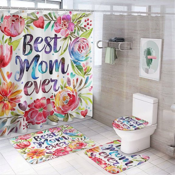 Best Mom Ever Mum Wildflowers 4 Piece Bathroom Rug Set with Shower Curtain with Non-Slip Rugs, Toilet Lid Cover and Bath Mat Women Mama Nana Mom Mommy Gift Waterproof Fabric Bath Curtain