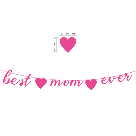 Best Mom Ever Pink Glitter Banner, Mother's Day Party Decoration with Hearts, 5.3 inch Letters, Cursive Script Style