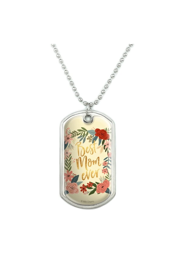 Best Mom Ever Pretty Flowers Mother's Day Military Dog Tag Pendant Necklace with Chain