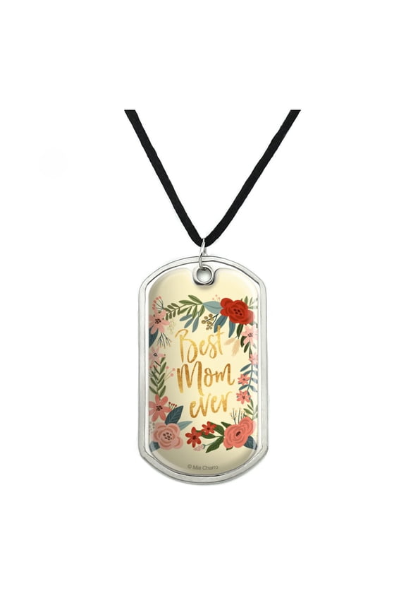Best Mom Ever Pretty Flowers Mother's Day Military Dog Tag Pendant Necklace with Cord