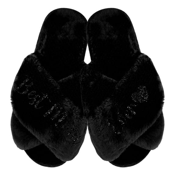 Best Mom Ever Slippers - Fluffy Criss Cross Slippers for Women - Sizes XS to XL (US 4-12) - Gifts for Her, Black X-Small with Black Glitter