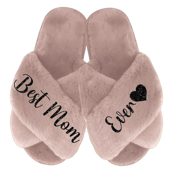 Best Mom Ever Slippers - Fluffy Criss Cross Slippers for Women - Sizes XS to XL (US 4-12) - Gifts for Her, Dusty Rose Medium with Black Glitter