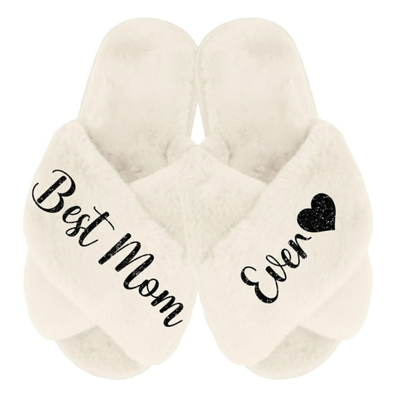 Best Mom Ever Slippers - Fluffy Criss Cross Slippers for Women - Sizes XS to XL (US 4-12) - Gifts for Her, Ivory X-Small with Black Glitter