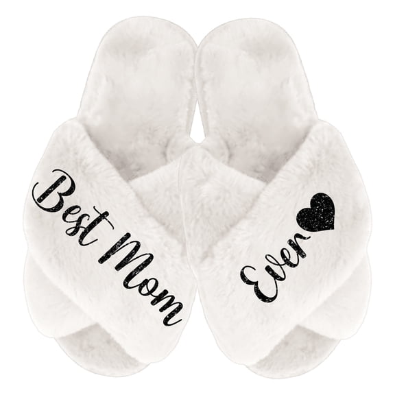Best Mom Ever Slippers - Fluffy Criss Cross Slippers for Women - Sizes XS to XL (US 4-12) - Gifts for Her, White X-Large with Black Glitter