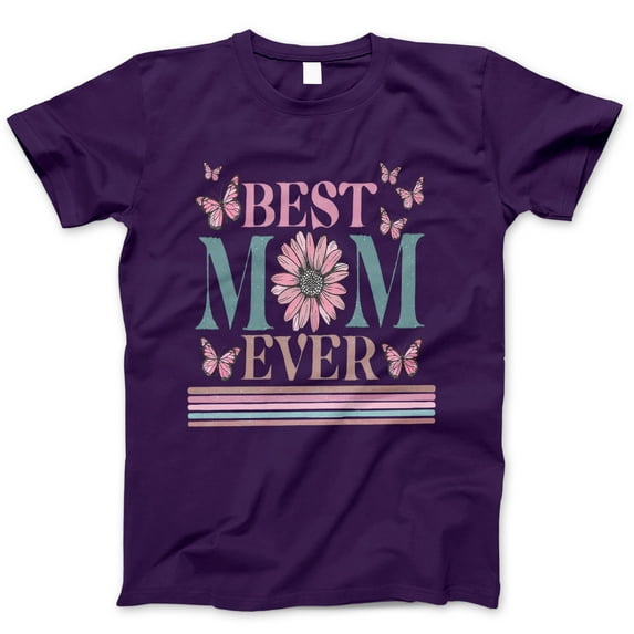 Best Mom Ever T-Shirt - Mother's Day Gift Tee with Pink Butterflies and Daisy Flower - Cute Mom Shirt, Mother's Day Graphic Tee for Women