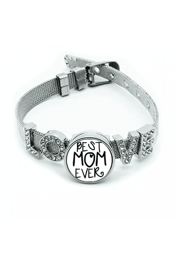 Best Mom Ever Words Mother's Day Bracelet Wristband Crystal Love Adjustable Bangle