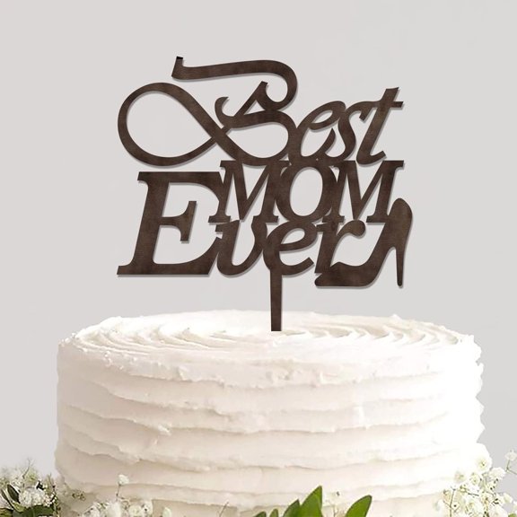 Best Mom Rustic Wood Cake Insert Sign Engraved Cake Topper Pick Pastries Cake Decorations for Birthday Event Celebration Party Decoration Supplies Novelty Gift for Mom Mama Mother