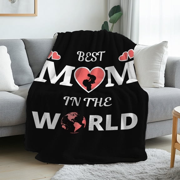 Best Mom in the World Flannel Blanket Soft All Season Cozy Throw with "Best Mom" & Footprints Hearts Print Black & White Gift for Mother's Day Christmas Bed Couch Name Option