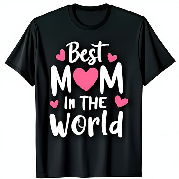Best Mom in the World Black T-Shirt with Pink Heart Design for Mother's Day