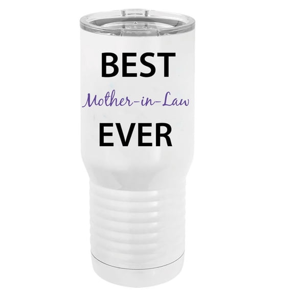 Best Mother-in-Law Ever Stainless Steel Vacuum Double-Walled Insulated 20 Oz Tumbler Travel Coffee Mug with Clear Lid, White