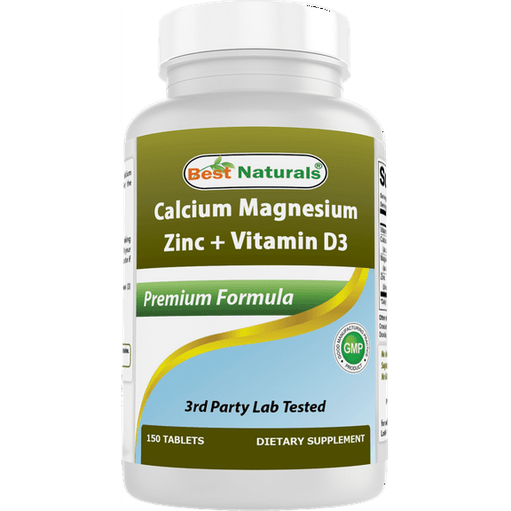 Best Naturals Calcium Magnesium Zinc with Vitamin D3, 150 Tablets - Calcium 1000 mg, Magnesium 400 mg, Zinc 25 mg & D3 600 IU per Serving (3 Tablets)