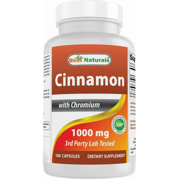 Best Naturals Cinnamon 1000 mg with Chromium 200 mcg, Blood Sugar Support, Gluten-Free, 180 Capsules