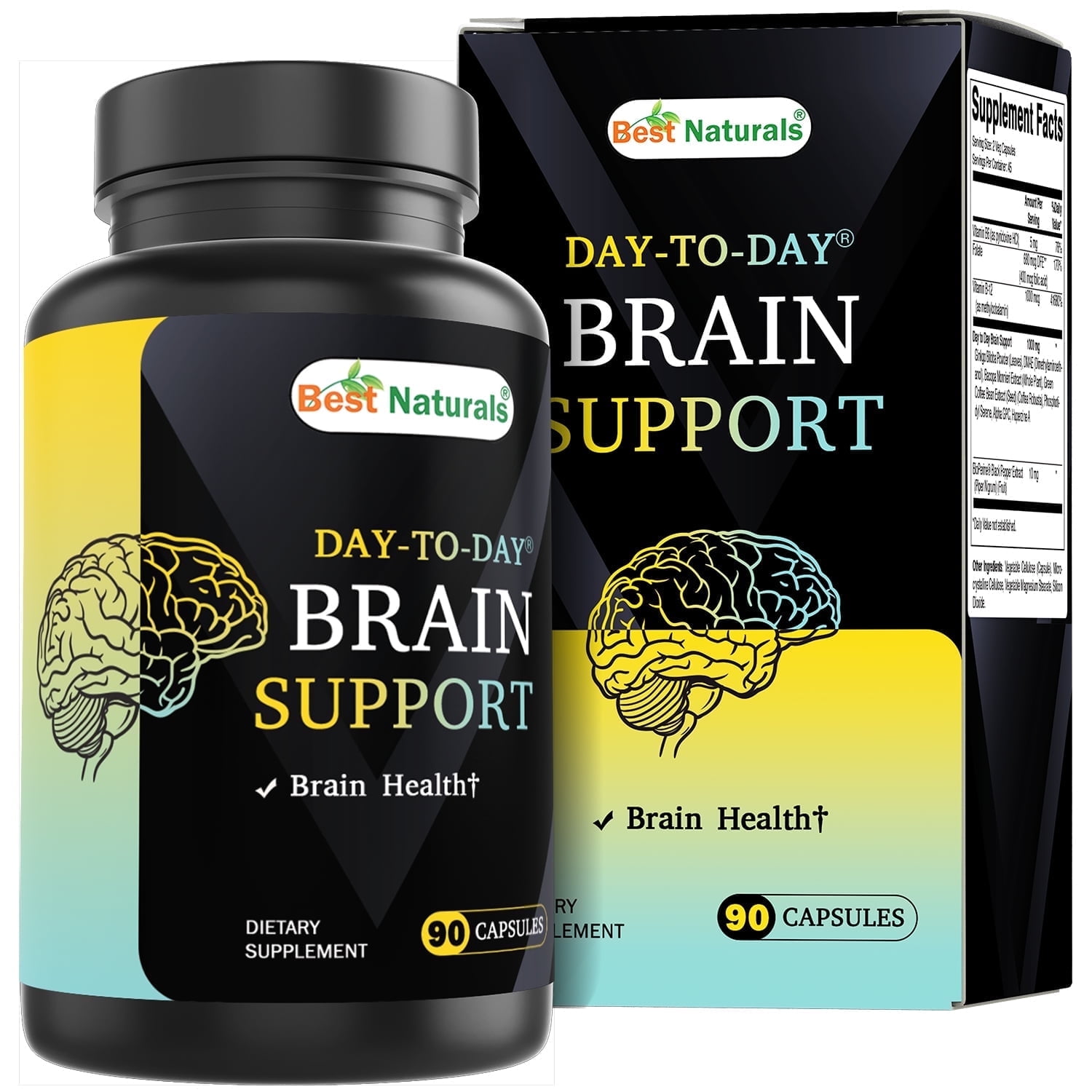 Best Naturals Day-to-Day Brain Support Supplement with Ginkgo Biloba, DMAE, Bacopa, Green Coffee, Phosphotidyl Serene, Alpha GPC, Huperzine A, Folate, B6, & B12 90 Veg Capsules