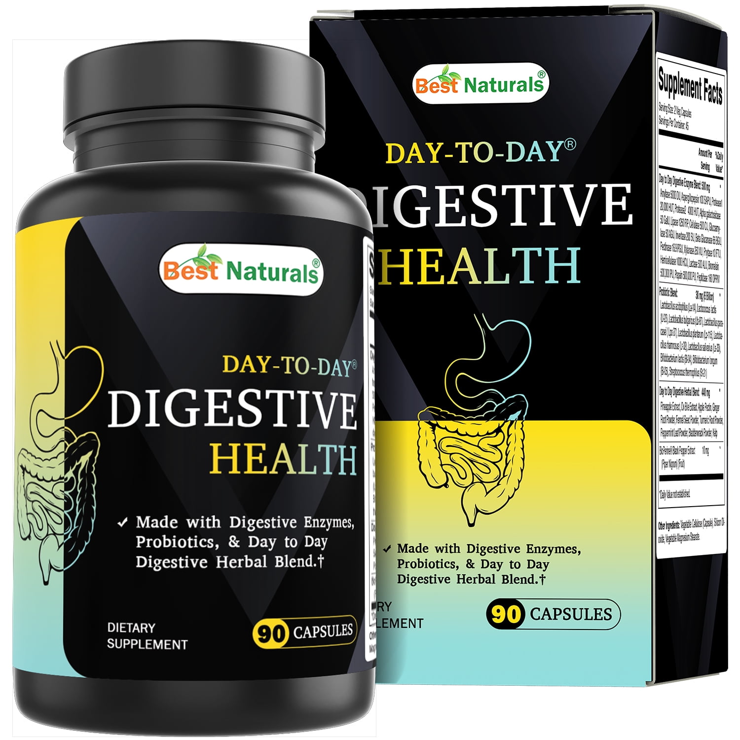 Best Naturals Day-to-Day Digestive Support 90 Veg Capsules - Made with Digestive Enzymes, Probiotics, & Herbal Blend - Made in The USA