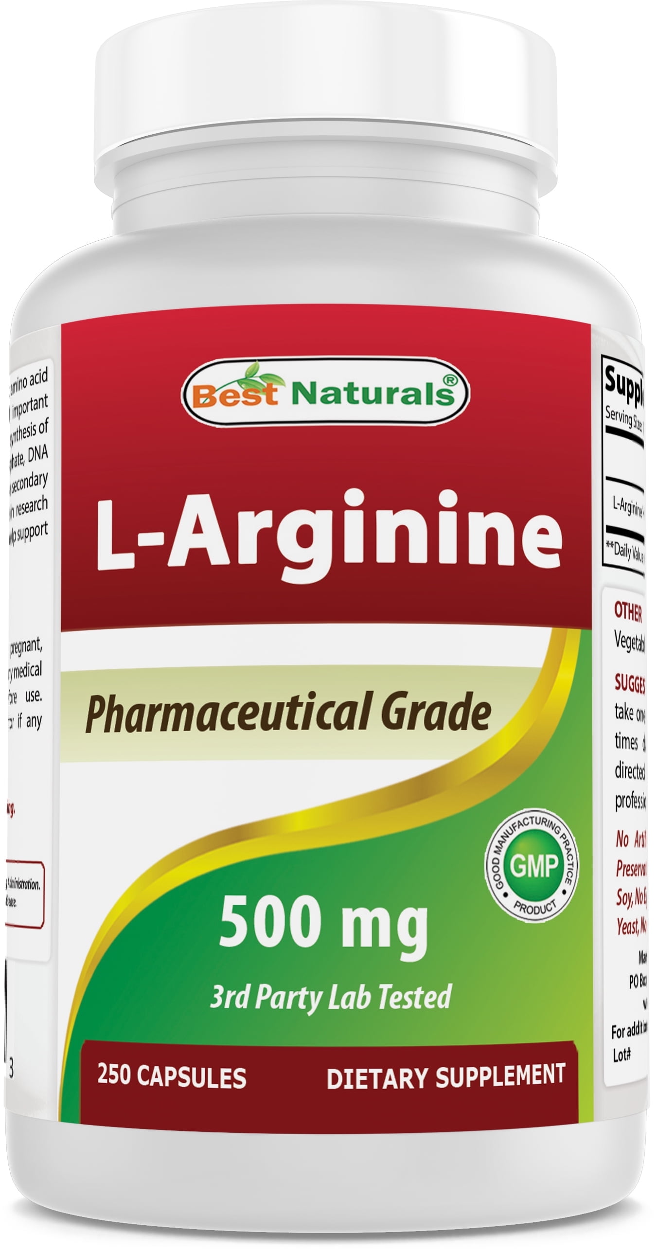Best Naturals L-Arginine 500mg 250 Capsules - Pharmaceutical Grade L Arginine supplement promotes nitric oxide synthesis