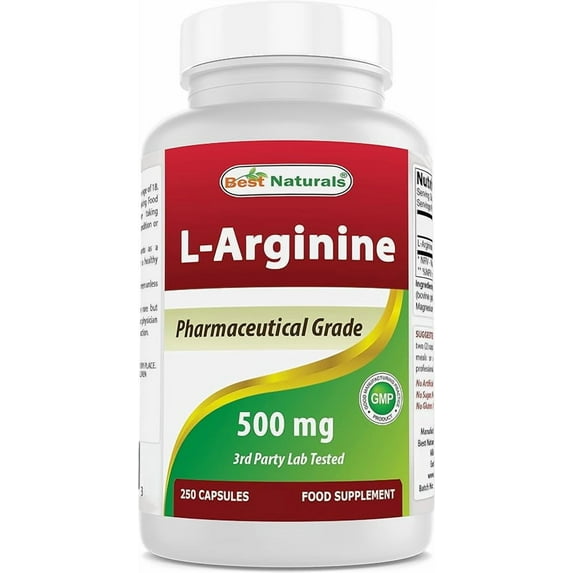 Best Naturals L-Arginine 500mg 250 Capsules - Pharmaceutical Grade L Arginine supplement promotes nitric oxide synthesis