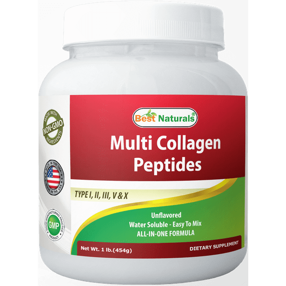 Best Naturals Multiple Collagen Peptides Protein Type I, II III, V & X Collagen unflavored 1 Pound - Grass Fed & Pasture Raised - Water Soluble - Easy to Mix