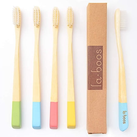 Laboos Compact Bamboo Manual Toothbrush, Extra Soft Bristle, Multicolor, 4 Pack