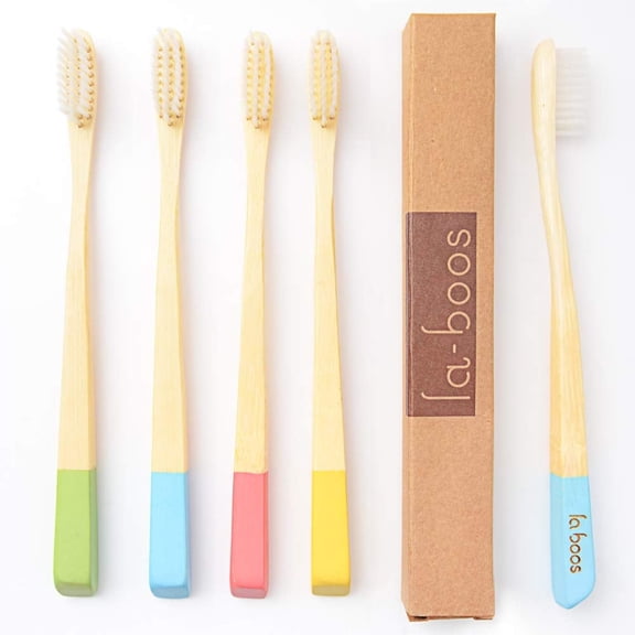 Laboos Compact Bamboo Manual Toothbrush, Extra Soft Bristle, Multicolor, 4 Pack