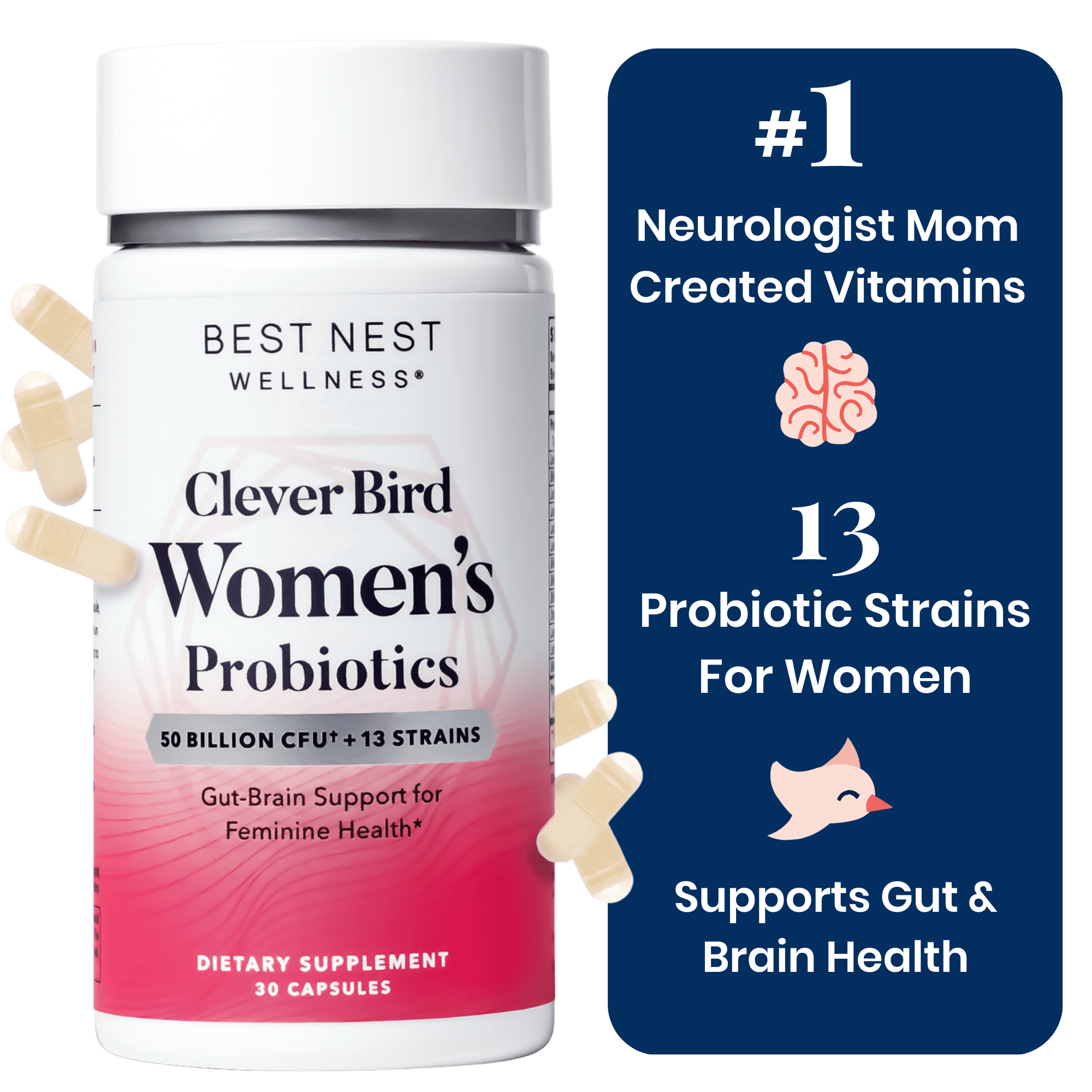 Best Nest Wellness Clever Bird Women's Probiotics, 50 Billion CFU Once Daily, Immune Support, 30 Ct