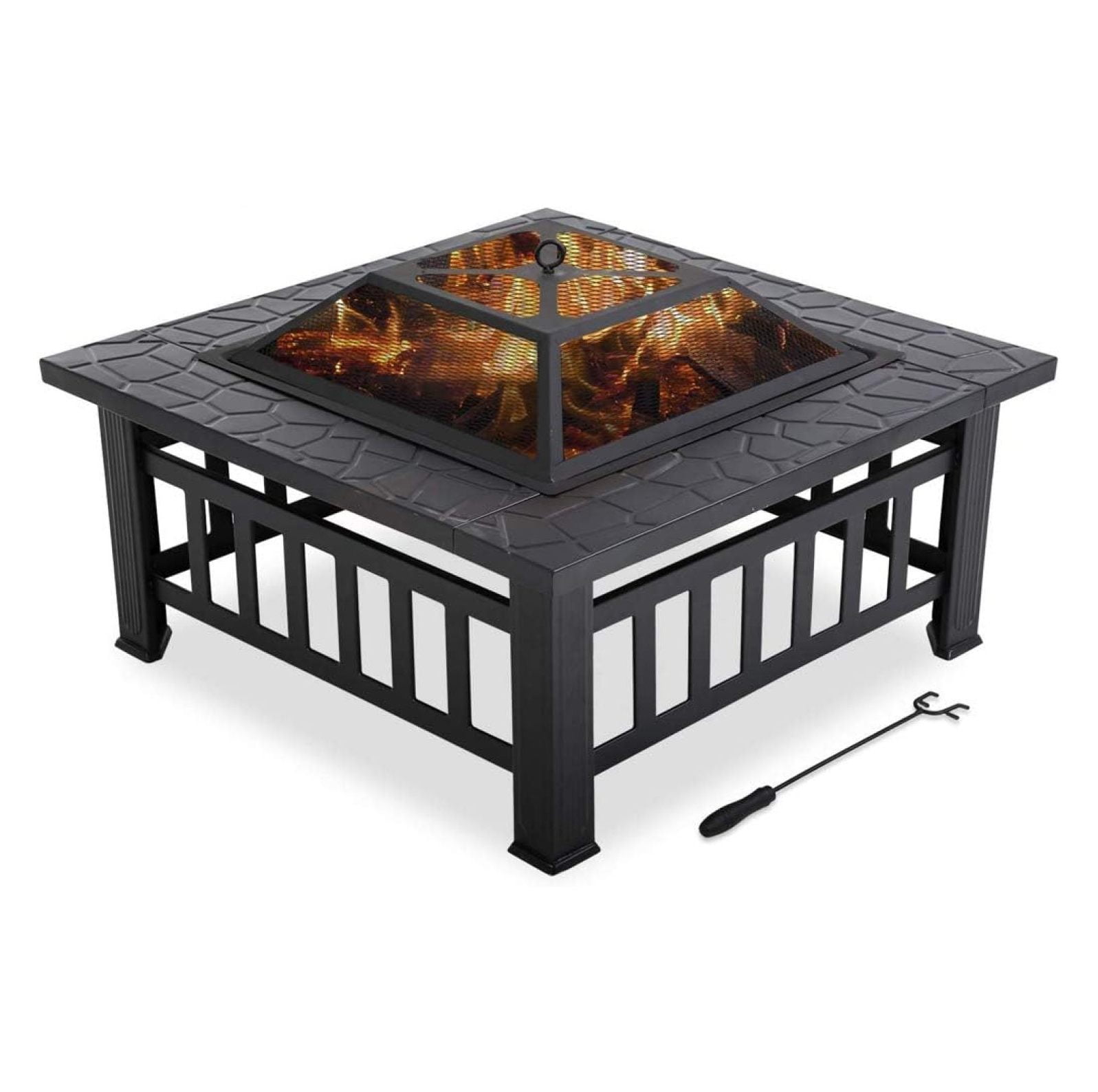 32-Inch Black Metal Fire Pit Table with Mesh Cover and Poker