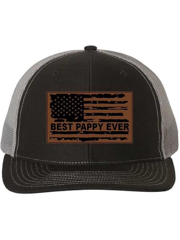 Best Pappy Ever Hat with American Flag, Custom Leather Patch Cap, Personalized Pappy Gift, Patriotic Grandpa Hat, Custom Cap for Him (Black Charcoal)