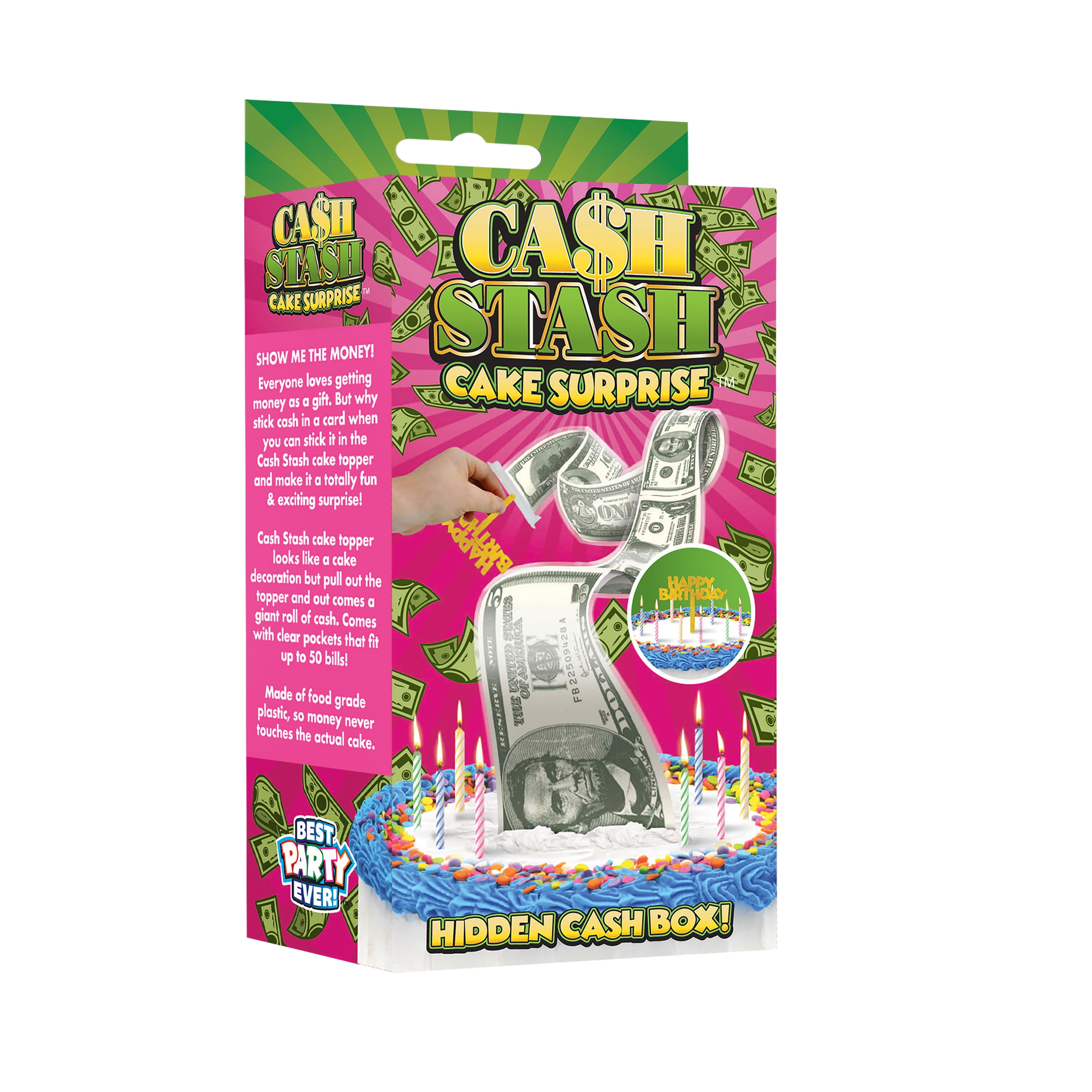Best Party Ever Happy Birthday White Cake Topper, Cash Stash Surprise, 2 inch Width