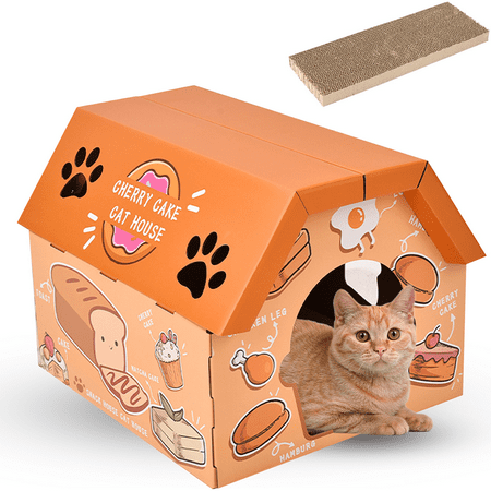 Best Pet Life Cardboard Cat House with Scratcher, Cat Bed for Indoor Cats, Cat Toy Pet Cat Scratcher House Cave Hideaway Gifts for Cat Birthday, Orange