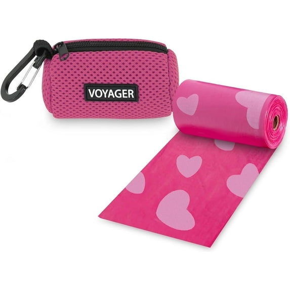 Best Pet Supplies 1pk Dog Poop Bag Holder with Clip On for Leash, Soft Mesh Doggie Puppy Waste Bag Dispenser Pouch with 2 Rolls of Pet Trash Bags for Travel, Walking, and Outdoor Use - Fuchsia