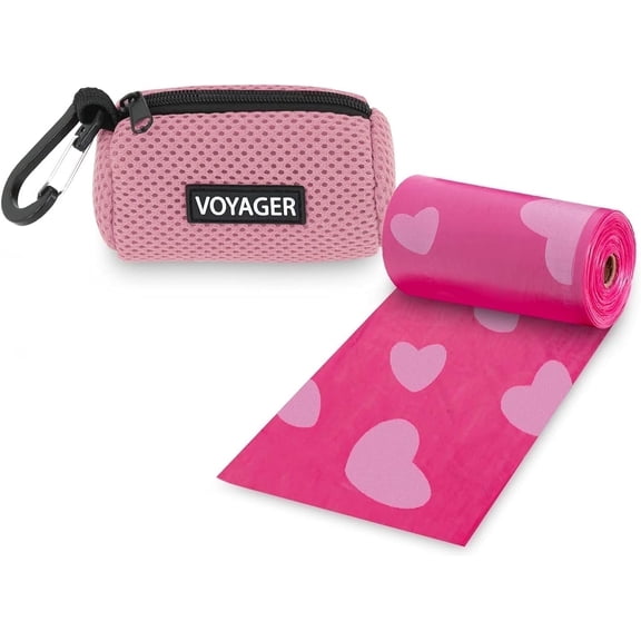 Best Pet Supplies 1pk Dog Poop Bag Holder with Clip On for Leash, Soft Mesh Doggie Puppy Waste Bag Dispenser Pouch with 2 Rolls of Pet Trash Bags for Travel, Walking, and Outdoor Use - Pink