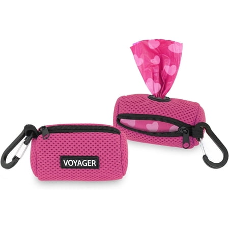 Best Pet Supplies 2pk Dog Poop Bag Holder with Clip On for Leash, Soft Mesh Doggie Puppy Waste Bag Dispenser Pouch with 2 Rolls of Pet Trash Bags for Travel, Walking, and Outdoor Use - Fuchsia