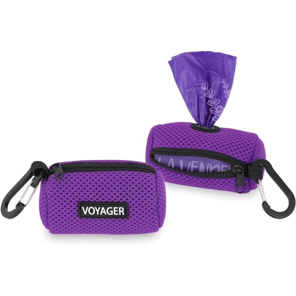 Best Pet Supplies 2pk Dog Poop Bag Holder with Clip On for Leash, Soft Mesh Doggie Puppy Waste Bag Dispenser Pouch with 2 Rolls of Pet Trash Bags for Travel, Walking, and Outdoor Use - Purple