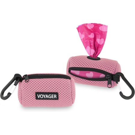 Best Pet Supplies 2pk Dog Poop Bag Holder with Clip On for Leash, Soft Mesh Doggie Puppy Waste Bag Dispenser Pouch with 2 Rolls of Pet Trash Bags for Travel, Walking, and Outdoor Use - Pink