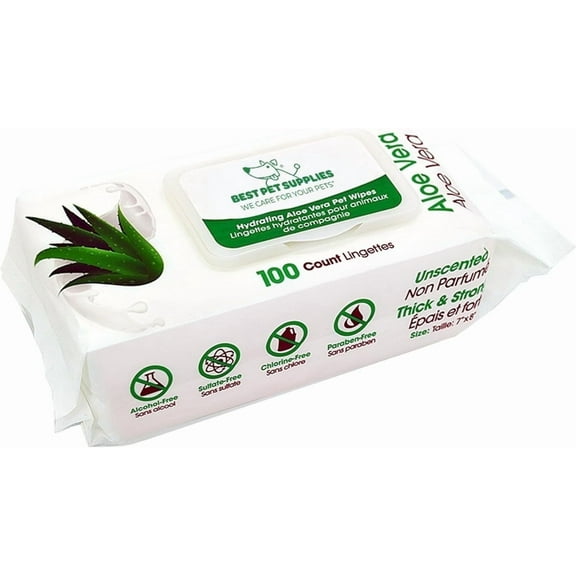 Best Pet Supplies Unscented Cat and Dog Cleaning Wipes in Resealable Pouch, Hydrating Aloe Vera, 100-Pack