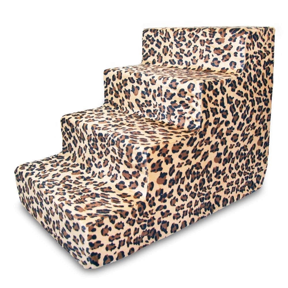 Best Pet Supplies Foam Pet Steps for Small Dogs and Cats, Portable Ramp Stairs for Couch, Sofa, and High Bed Climbing, Non-Slip Balanced Indoor Step Support, Paw Safe - Leopard Print, 4-Step (H: 18")