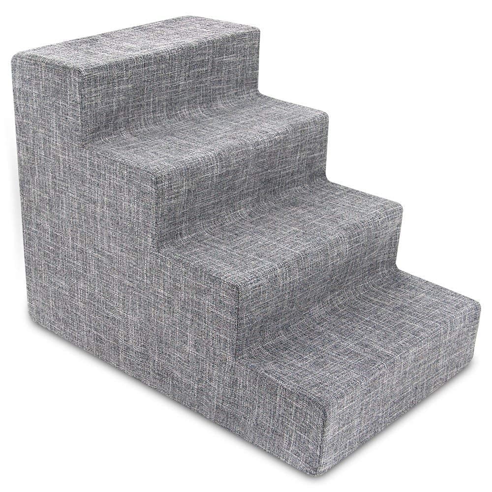 Ash Gray Linen 4-Step Foam Pet Stairs for Small Dogs and Cats