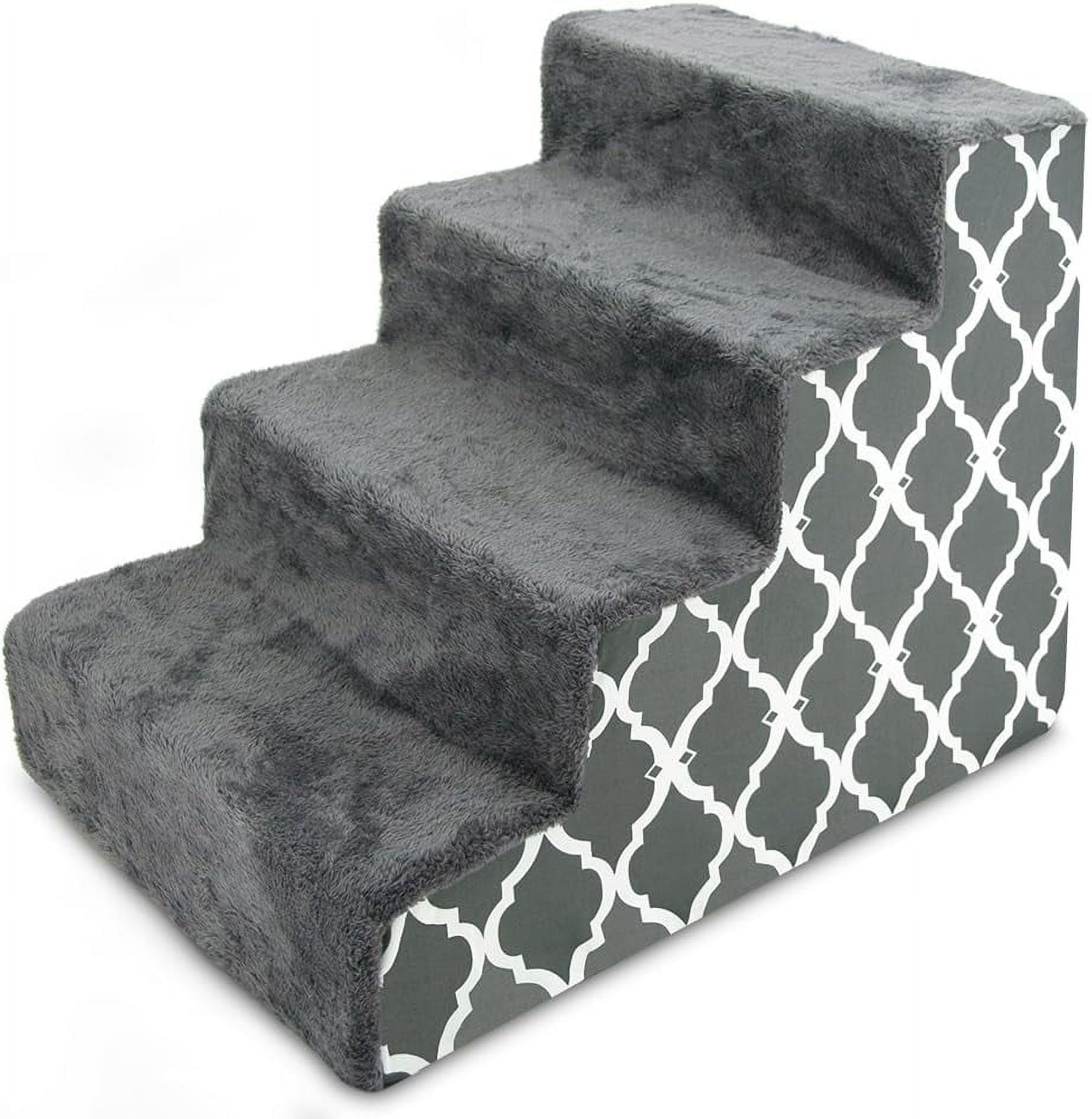 Gray Lattice Print 4-Step Foam Pet Stairs for Small Dogs and Cats