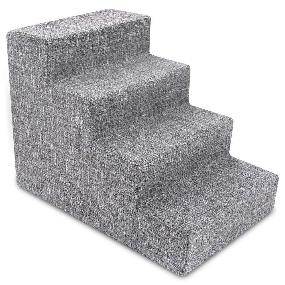 Ash Gray Linen 4-Step Foam Pet Stairs for Small Dogs and Cats