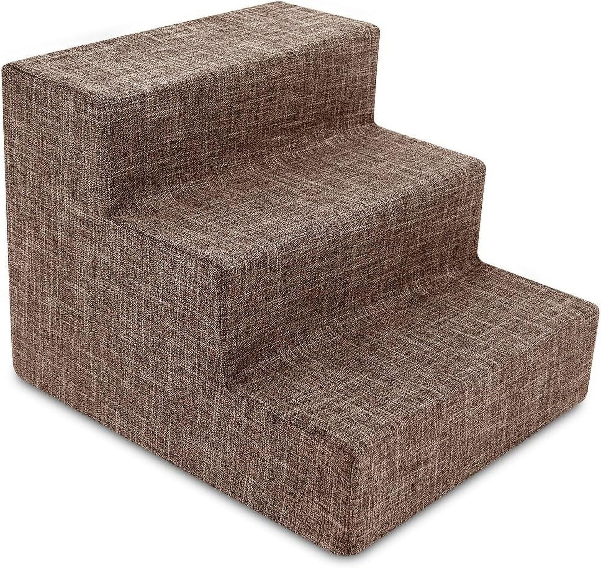 Brown Linen 3-Step Foam Pet Stairs for Small Dogs and Cats