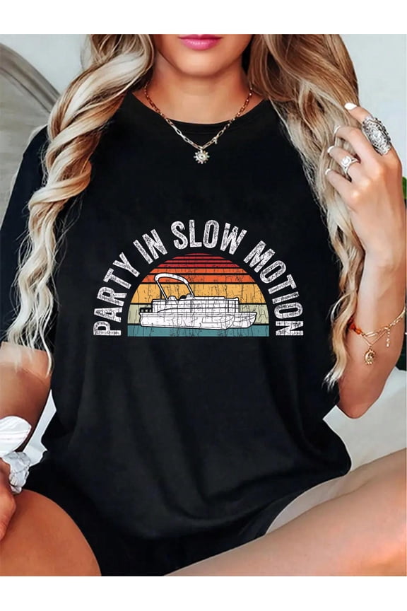 Best Pontoon Captain Shirt Gifts Boat Party in Slow Motion T-Shirt - 100% Cotton T Shirts for Women, Summer Tops Clothes,Suitable For All Seasons