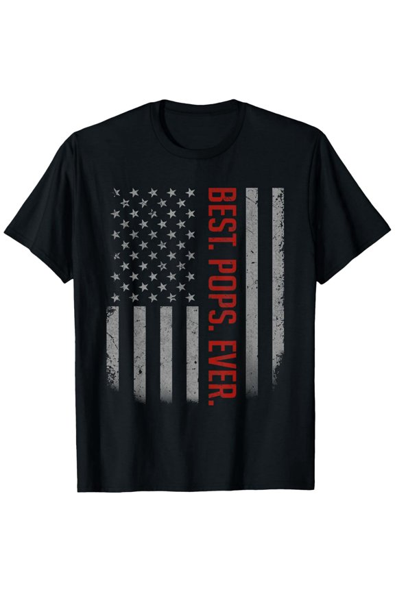Best Pops Ever American Flag Men's T-Shirt - Patriotic Father's Day Gift - Vintage Distressed USA Flag Graphic Tee for Dad Grandpa - Retro Style Black Cotton Top