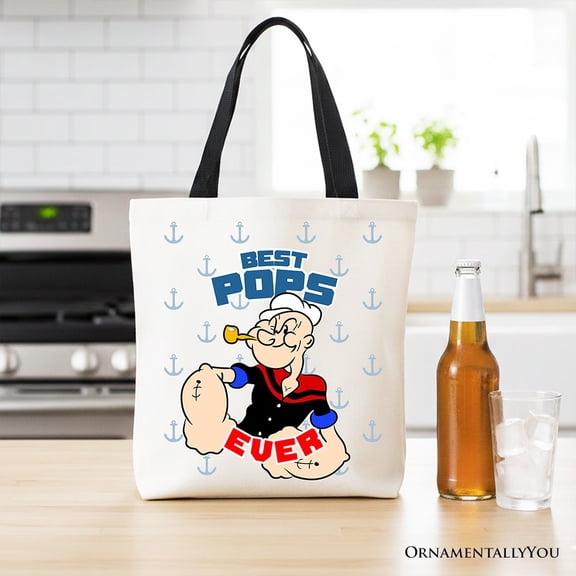 Best Pops Ever Canvas Tote Bag, Classic Popeye the Sailorman Dad Gift Bag for Fun and Strong Dads