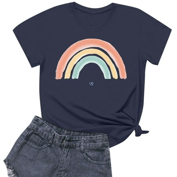 NAMTYQX Basic Tees for Women Print Cute Stretch Crewneck Loose Short Sleeve Plus Size Gemustert Cool Cute Shirts for Women Navy Size XL