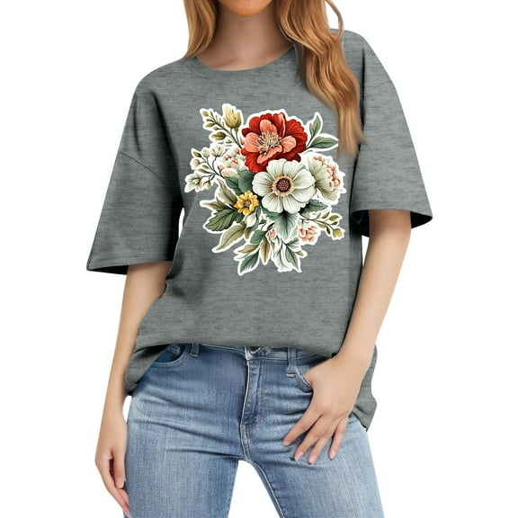 NAMTYQX Cute Shirts for Women Scoop Neck Lounge Airoft Muster Baggys Plus Size Lightweight Short Sleeve Pattern Women's Summer Tops Gray Size L